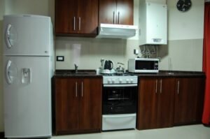 La cocina, con heladera, horno y microondas